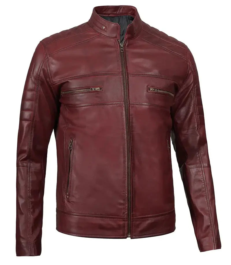 Mens Maroon Cafe Racer Leather Jacket - Orca Cloths