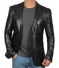 Mens Notch Lapel Two Button Black Leather Blazer - Orca Cloths