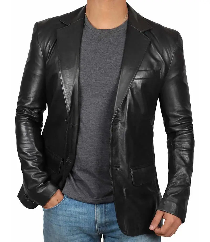 Mens Notch Lapel Two Button Black Leather Blazer - Orca Cloths