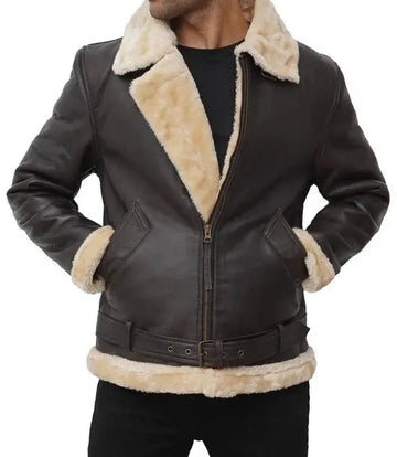 Mens Real Leather Dark Brown Shearling Bomber Jacket - Orca Cloths