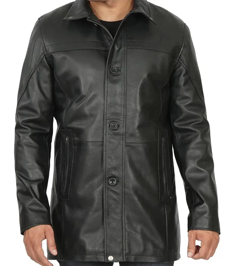 Mens Tall Black Real Leather Car Coat - Orca Cloths