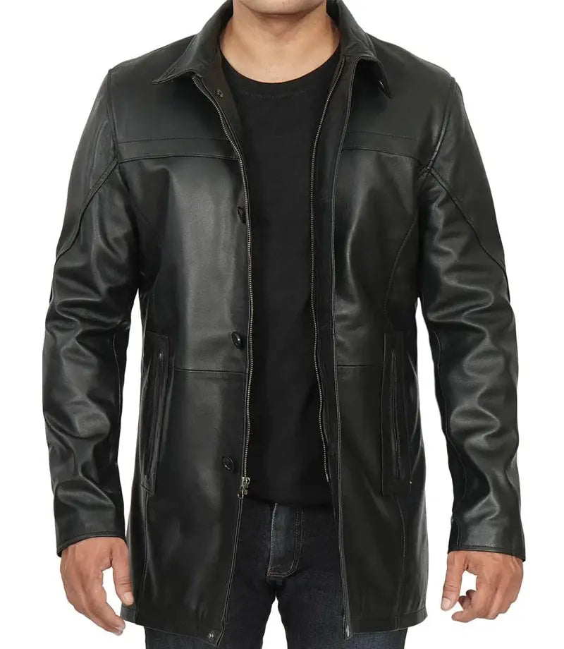Mens Tall Black Real Leather Car Coat - Orca Cloths