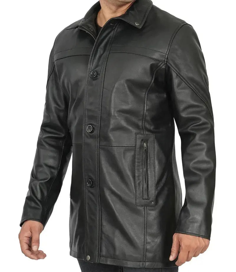 Mens Tall Black Real Leather Car Coat - Orca Cloths