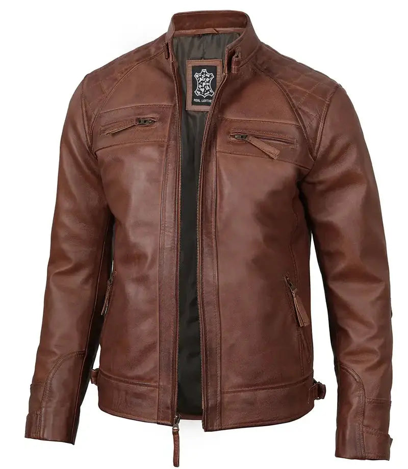 Mens Tall Cognac Cafe Racer Leather Jacket - Orca Cloths