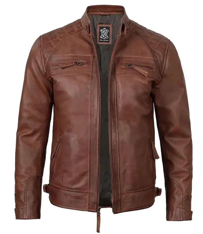 Mens Tall Cognac Cafe Racer Leather Jacket - Orca Cloths
