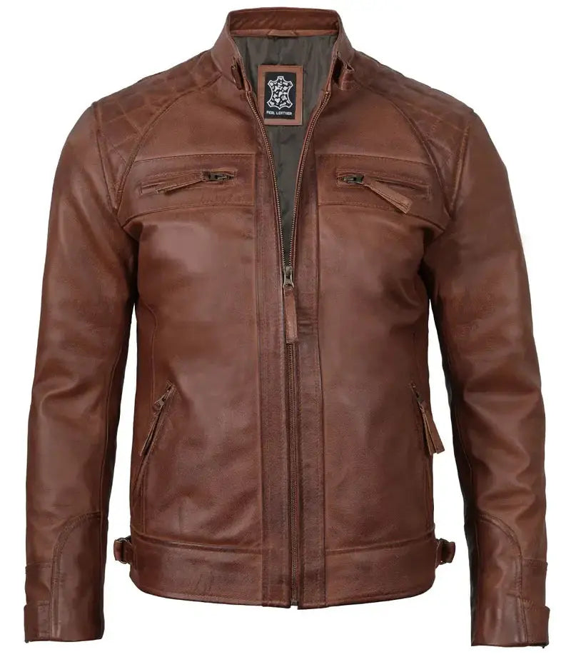 Mens Tall Cognac Cafe Racer Leather Jacket - Orca Cloths