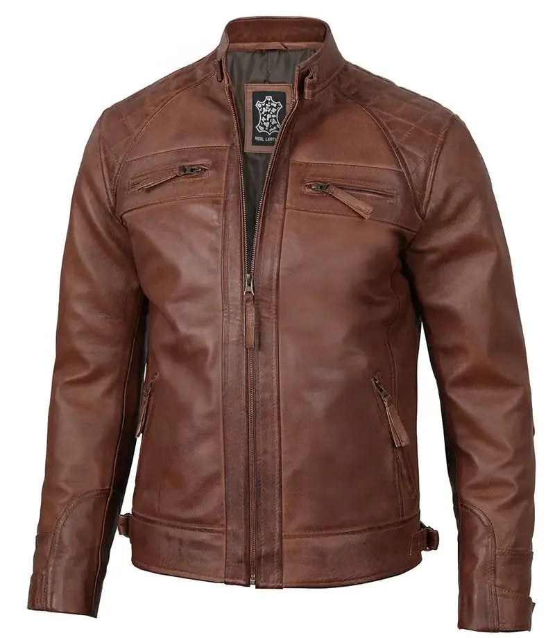 Mens Tall Cognac Cafe Racer Leather Jacket - Orca Cloths