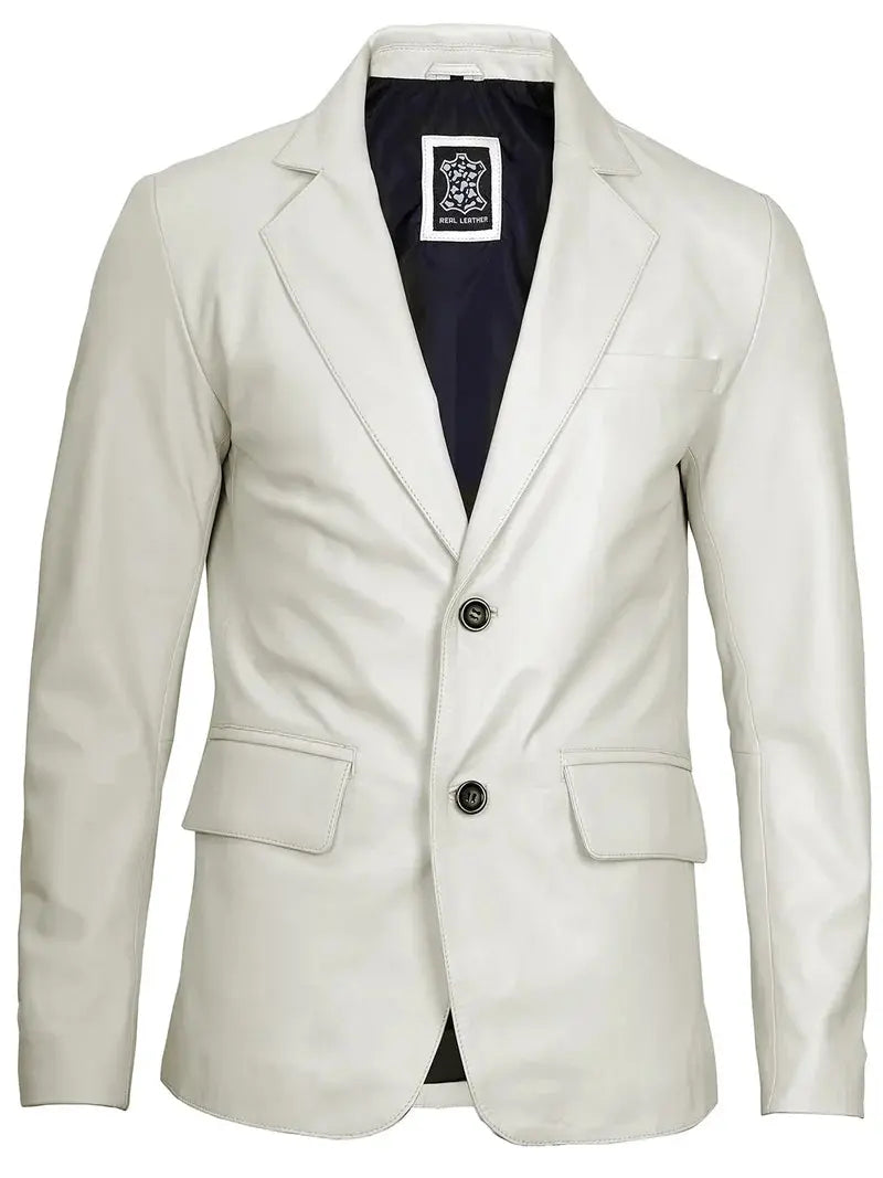 Mens Two Buttons Off White Leather Blazer - Orca Cloths