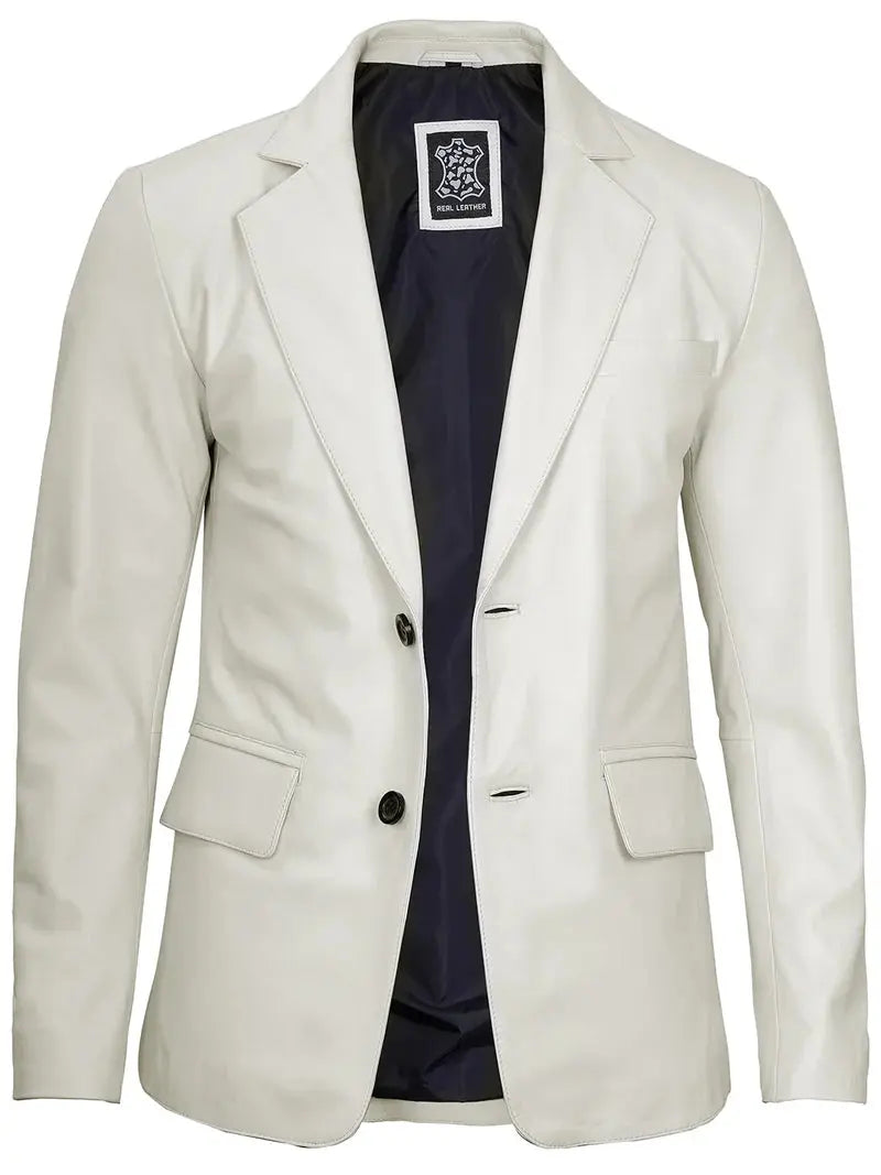 Mens Two Buttons Off White Leather Blazer - Orca Cloths