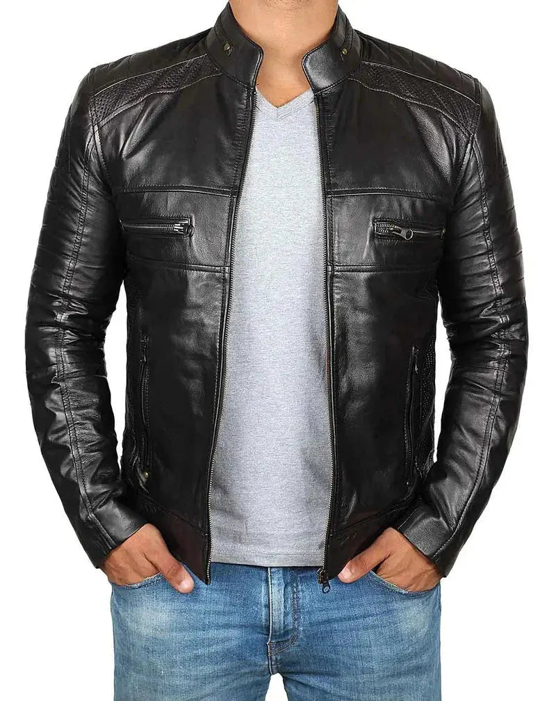 Austin Mens Tall Black Cafe Racer Leather Jacket - Orca Cloths