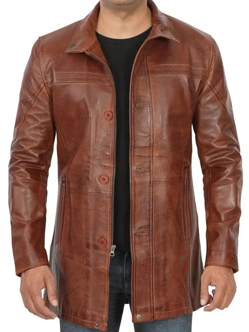 Bristol Men's Vintage Cognac Brown Leather Car Coat - Orca Cloths