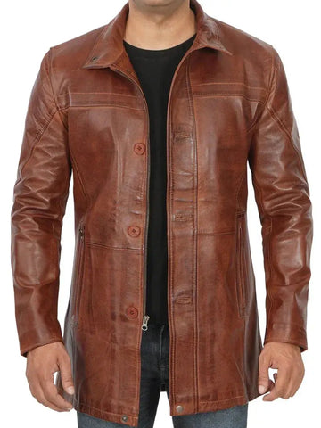 Bristol Men's Vintage Cognac Brown Leather Car Coat - Orca Cloths