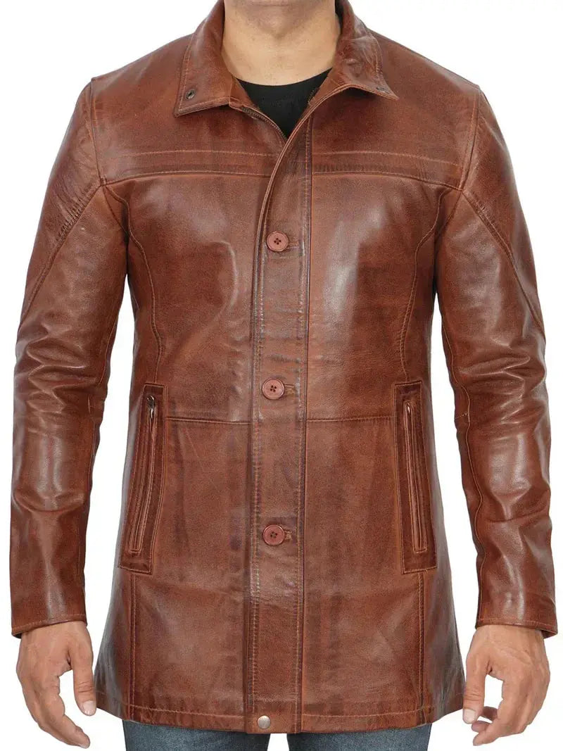 Bristol Men's Vintage Cognac Brown Leather Car Coat - Orca Cloths