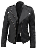 Monica Women's Black Asymmetrical Leather Jacket - Orca Cloths