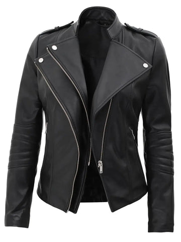 Monica Women's Black Asymmetrical Leather Jacket - Orca Cloths