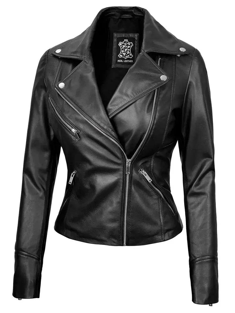 Ninfa Women's Black Asymmetrical Biker Leather Jacket - Orca Cloths