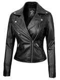 Ninfa Women's Black Asymmetrical Biker Leather Jacket - Orca Cloths