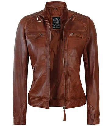 Rachel Women's Cognac Wax Biker Leather Jacket