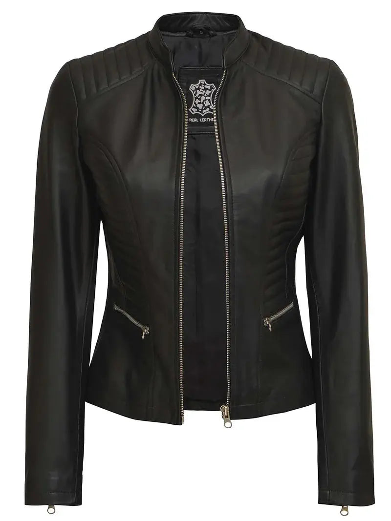 Rachel Womens Petite Black Cafe Racer Leather Jacket Orca Cloths
