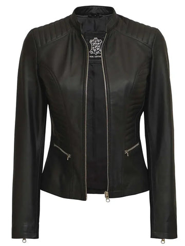 Rachel Womens Petite Black Cafe Racer Leather Jacket Orca Cloths