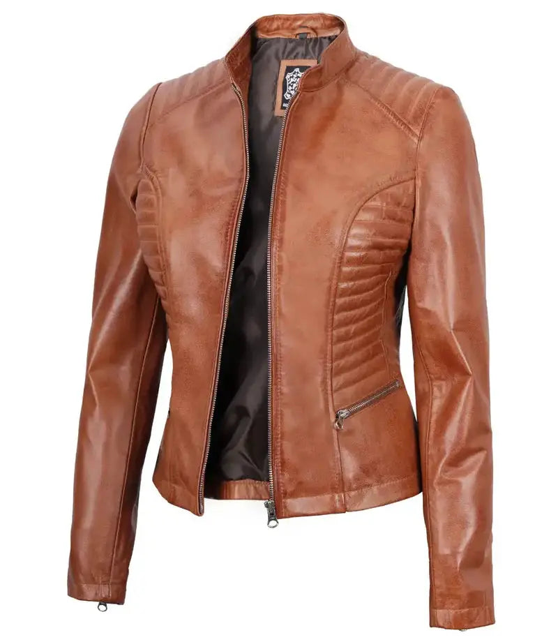 Rachel Womens Petite Tan Cafe Racer Leather Jacket Orca Cloths
