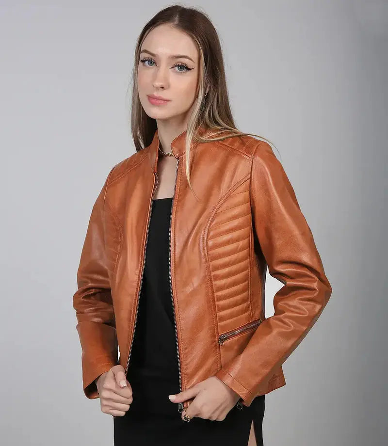 Rachel Womens Tan Cafe Racer Leather Jacket Orca Cloths