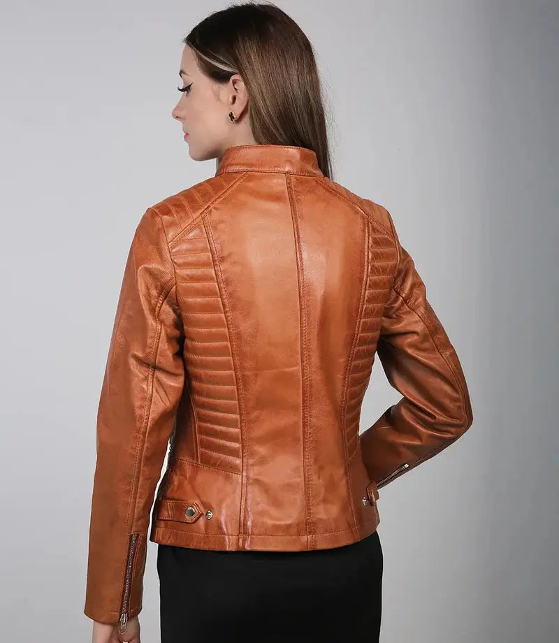 Rachel Womens Tan Cafe Racer Leather Jacket Orca Cloths