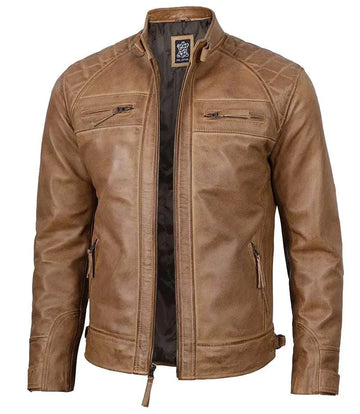 Tall Mens Distressed Camel Cafe Racer Leather Jacket