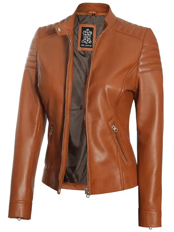 Carrie Women Tan Cafe Racer Leather Biker Jacket - Orca Cloths
