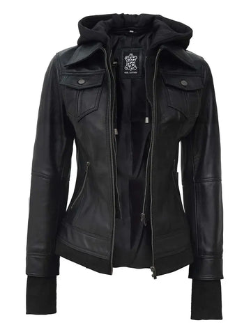 Tralee Petite Women's Black Motorcycle Leather Jacket with Hood Orca Cloths