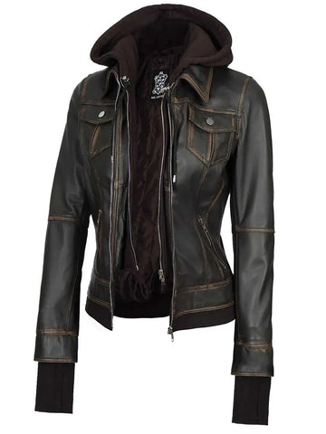 Tralee Women Dark Brown Ruboff Bomber Leather Jacket With Hood Orca Cloths