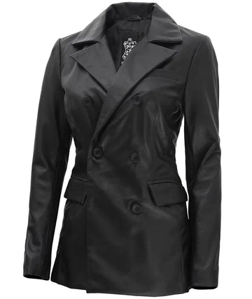 Women Black Double Breasted Leather Blazer Orca Cloths