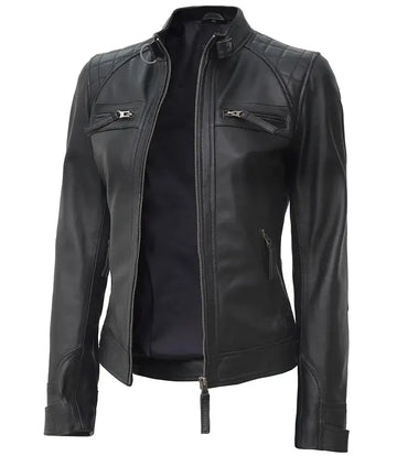 Women Petite Black Quilted Cafe Racer Leather Jacket Orca Cloths
