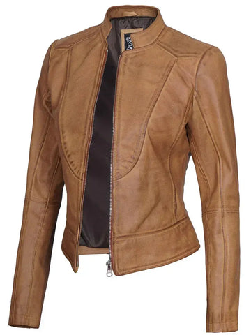 Amy Womens Camel Leather Moto Jacket Orca Cloths