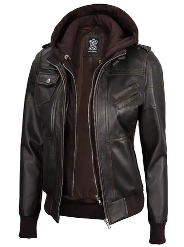 Edinburgh Rub Off Brown Leather Bomber Jacket With Removable Hood - Orca Cloths