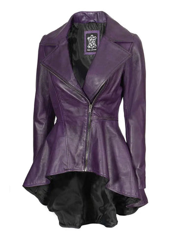 Women's Asymmetrical Purple Peplum Leather Jacket Orca Cloths