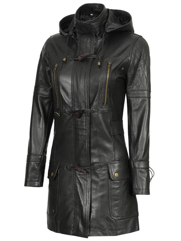 Women’s Black 3/4 Length Leather Coat With Hood Orca Cloths