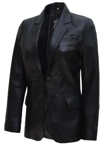 Women's Black Two Button Real Leather Blazer Orca Cloths