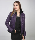 Women's Purple Bomber Leather Jacket with Removable Hood Orca Cloths
