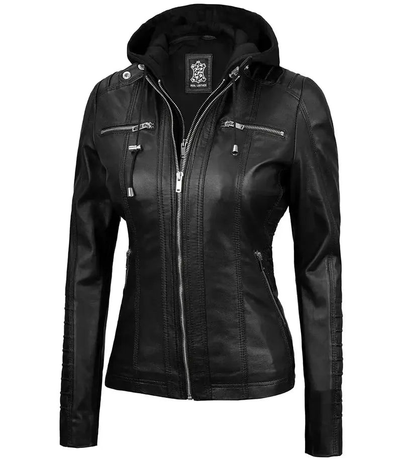 Women's Tall Black Leather Jacket With Removable Hood Orca Cloths