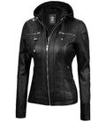 Women's Tall Black Leather Jacket With Removable Hood Orca Cloths