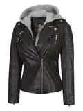 Bagheria Womens Black Leather Biker Jacket With Removable Hood - Orca Cloths