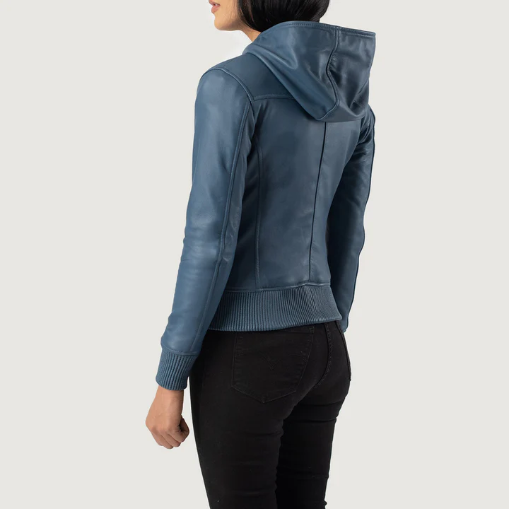 Luna Women's Blue Hooded Leather Bomber Jacket