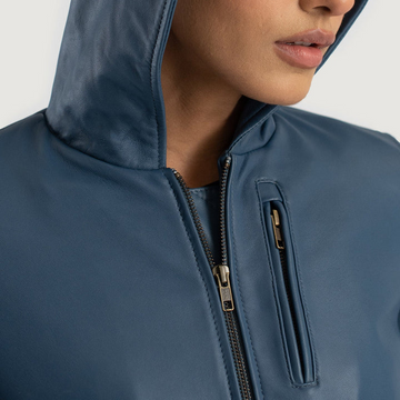 Luna Women's Blue Hooded Leather Bomber Jacket
