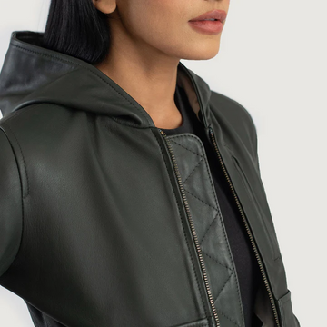 Luna Women's Green Hooded Leather Bomber Jacket