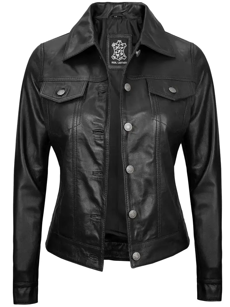 Fernando Women's Black Leather Trucker Jacket - Orca Cloths