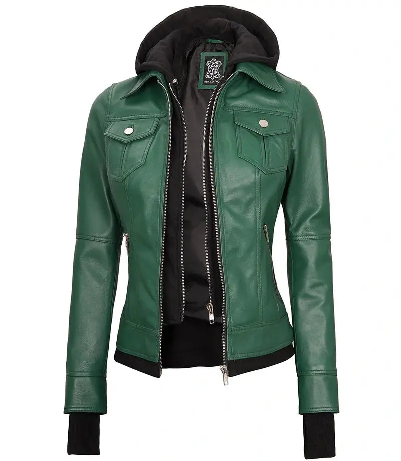 Womens Biker Green Leather Jacket with Hood Orca Cloths