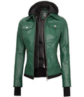 Womens Biker Green Leather Jacket with Hood Orca Cloths
