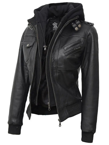 Edinburgh Petite Womens Black Hooded Leather Jacket - Orca Cloths