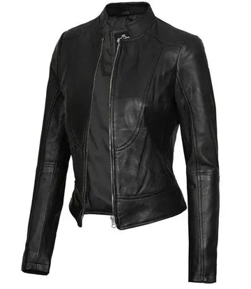 Amy Women's Black Café Racer Leather Jacket Orca Cloths
